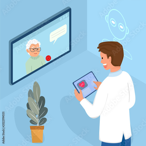 Isometric vector illustration of a male doctor using a digital tablet to monitor a senior patient via a large screen. Concept of geriatric telemedicine, digital health tracking, and eldercare.