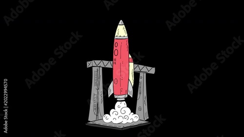 Hand drawn pencil rocket launch animation with alpha channel transparent background