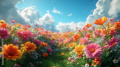 Vibrant field of colorful wildflowers under a bright blue sky