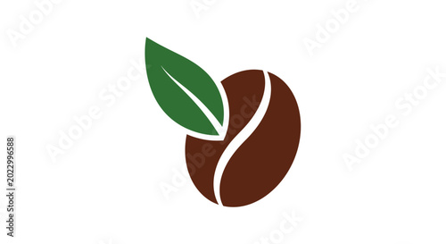Slika na platnu Minimalist coffee bean icon with a green leaf symbol.