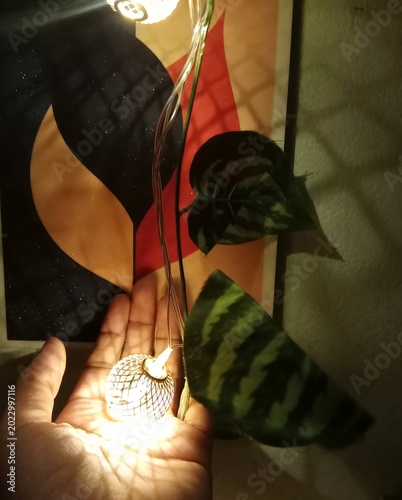 hand holding warm glowing light with green leaves and abstract artwork background