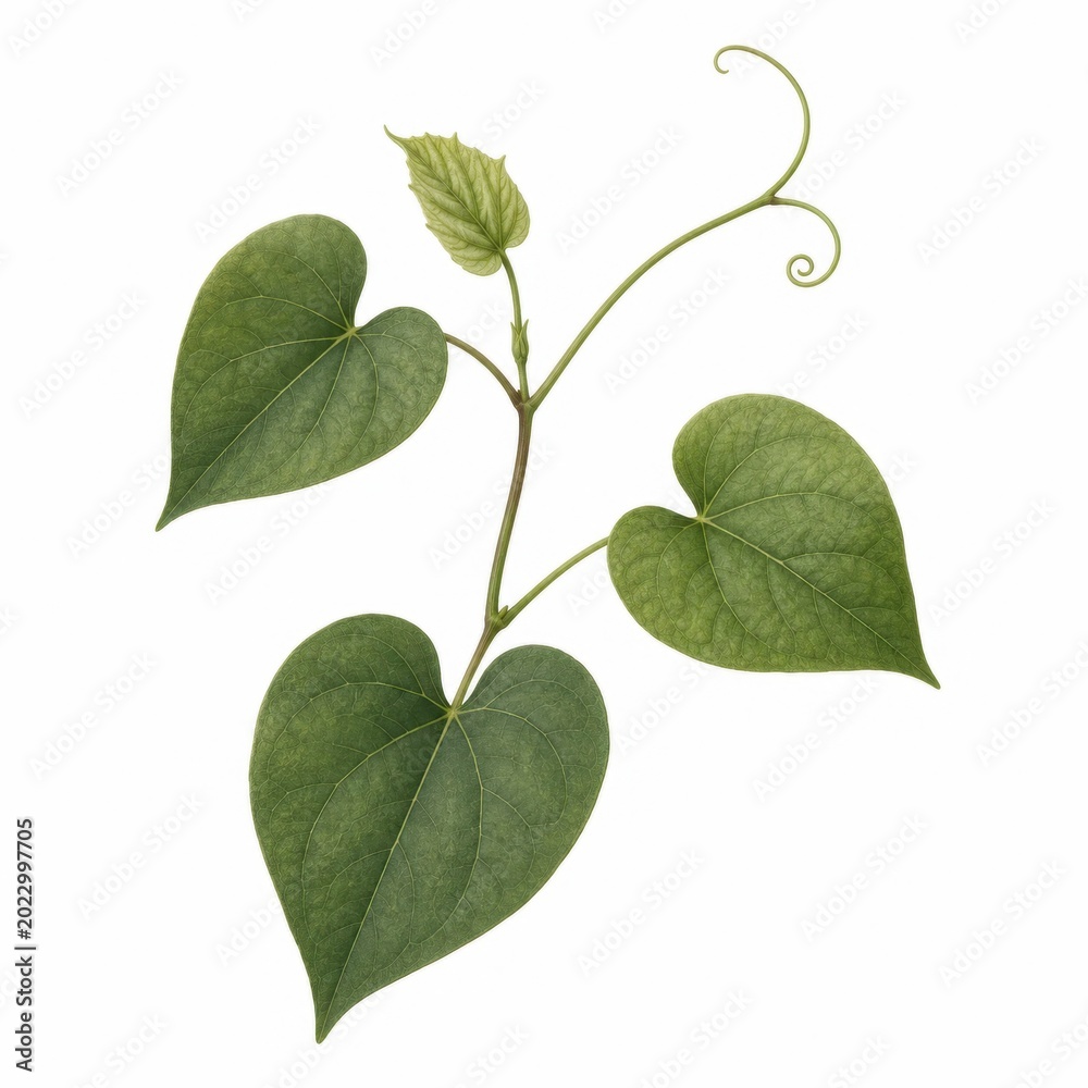Fototapeta premium Green heart-shaped leaves with a curling tendril on a slender vine, showcasing intricate details and rich textures for botanical enthusiasts and nature lovers