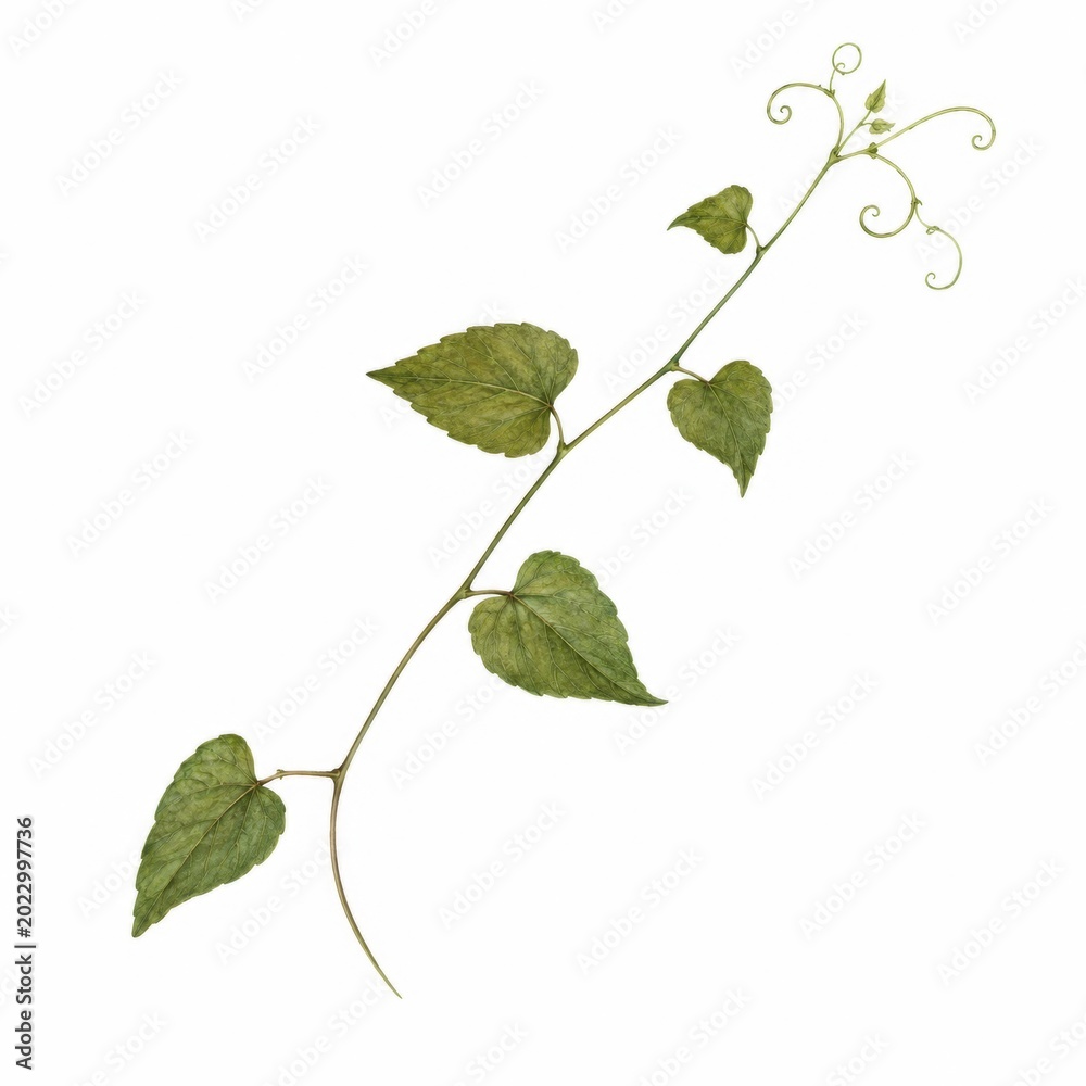 Fototapeta premium Elegant Green Vining Plant with Curled Tendrils and Heart-Shaped Leaves on a White Background for Natural and Botanical Imagery