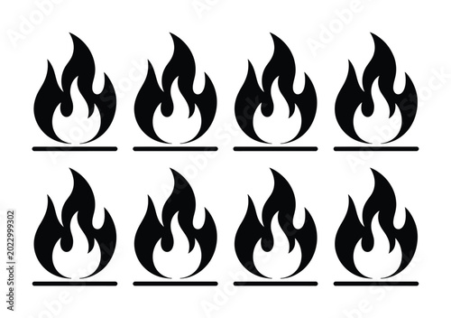 Eight Black Fire Arranged in Two Rows on a White Background