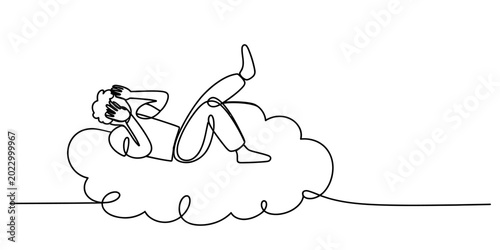 Cuadro en lienzo Man lying on a cloud continuous line drawing isolated on white background, Vecto