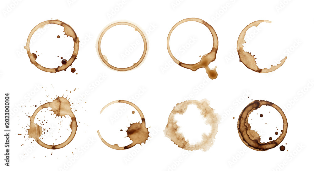 Obraz premium Coffee cup ring stains and splatters set, isolated on transparent background