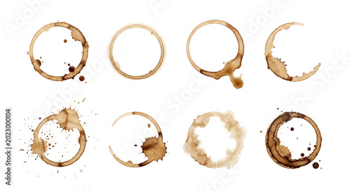 Foto Coffee cup ring stains and splatters set, isolated on transparent background