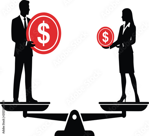 Bild auf Leinwand Business gender pay gap concept featuring man and woman silhouettes standing on