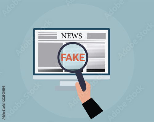 Slika na platnu Fake News Detection Concept with Magnifying Glass over Computer Monitor Screen f