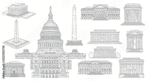 Washington DC Landmarks Collection: Capitol, Monuments, Museums - Sketch Style