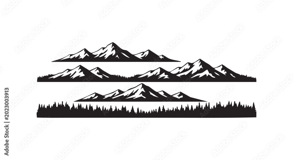 Fototapeta premium Mountain range silhouettes with forest pine tree line elements for outdoor adventure and nature landscape design projects.