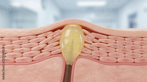 3D medical illustration of a skin cross-section displaying an inflamed pore, pus, and hair follicle.