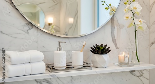 Modern Bathroom Shelf With White Towels And Orchid Creating Elegant Spa Interior Design Inspiration For Contemporary Luxury Bathrooms.