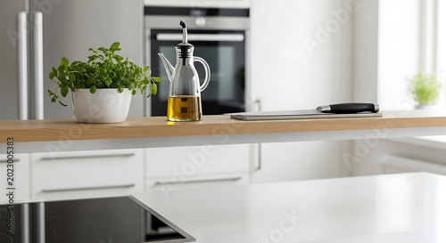 Modern Kitchen Countertop With Olive Oil And Fresh Herbs Creating Culinary Interior Design Inspiration For Contemporary Kitchen Decoration.