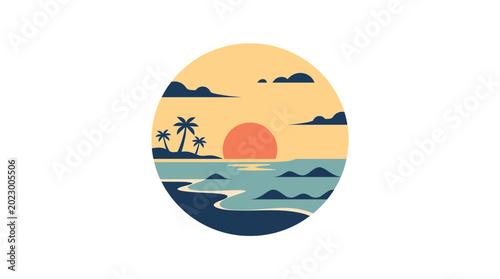 Konstfotografi Tropical island landscape with palm trees and sunset over ocean waves in circular scenic view serene beach scene at dusk