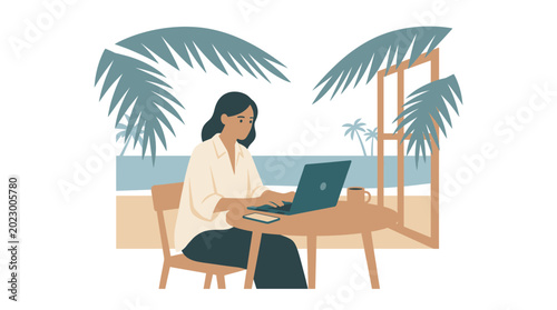 Photos Woman working remotely on laptop at tropical beachside resort enjoying digital n