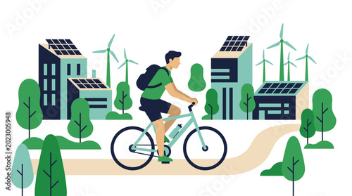 Man riding bicycle on pathway through sustainable neighborhood with renewable energy sources and green trees