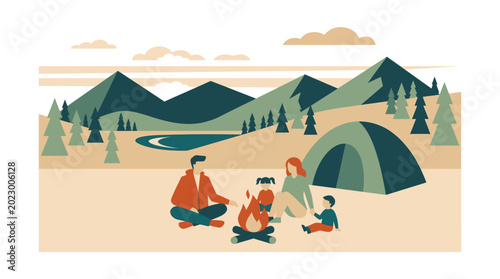 Billede på lærred Family camping adventure in nature serene mountain landscape with tent river trees and warm campfire people enjoying quality time together in outdoorsy setting