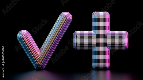 modern digital verification icons - check mark and plus sign 3d glasses effect