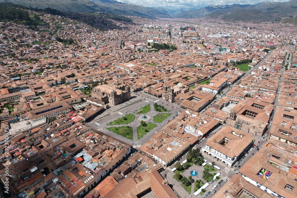 Fototapeta premium Aerial View of Plaza de Armas and Cusco Cathedral in Cusco Peru