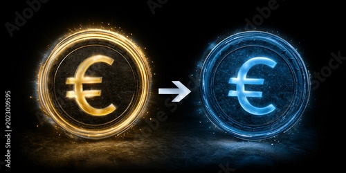digital euro coins transformation from gold to ice blue illustration