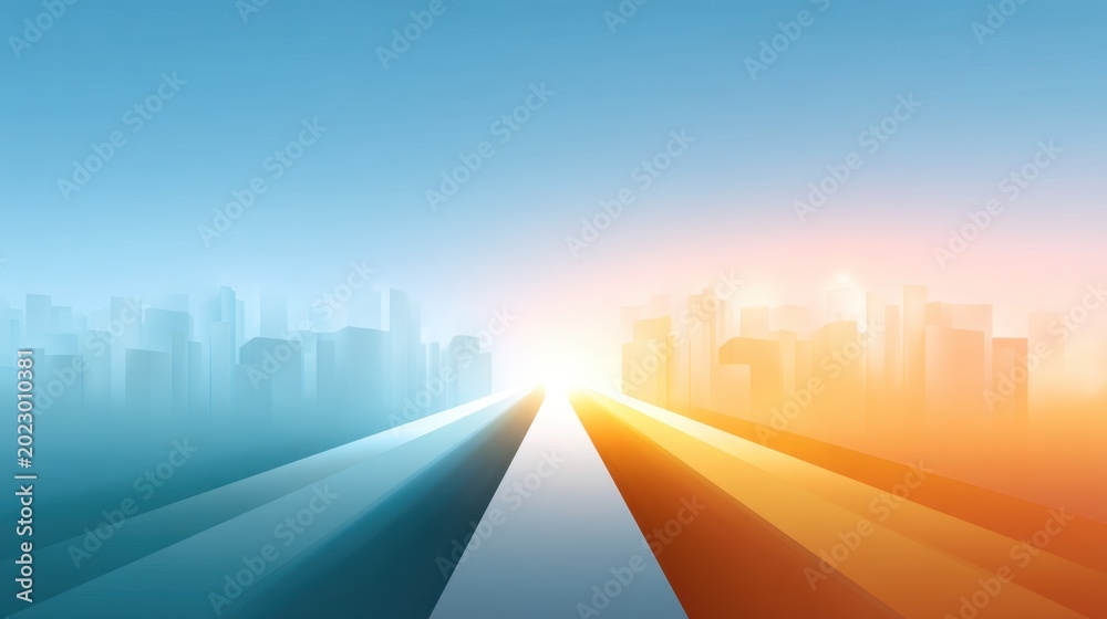 Fototapeta premium Abstract city skyline with vibrant blue and orange hues converging towards a bright light at the horizon, symbolizing new beginnings and opportunities
