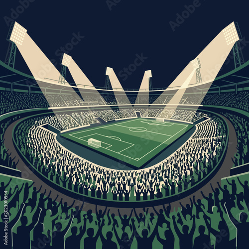 Illustration of a crowded sports stadium at night with floodlights.