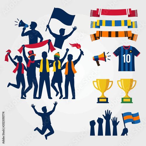Sports fans celebrating with flags and trophies.