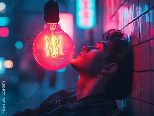 Lost in Thought: Contemplative Figure Bathed in Neon Light and Urban Atmosphere