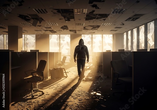 Hooded person walks through destroyed office with broken glass floor.