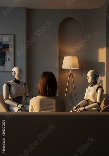 Two robots and woman in a group therapy session at home.