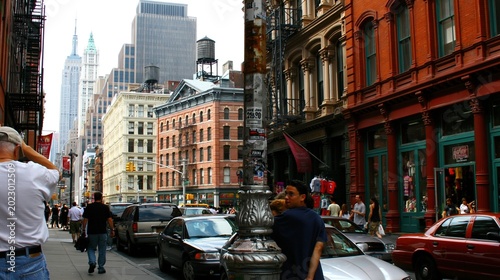 Busy city street with historic architecture, vehicles, and pedestrians on a sunny day