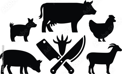 Foto Collection of silhouetted farm animals and butchery tools with silhouette butche