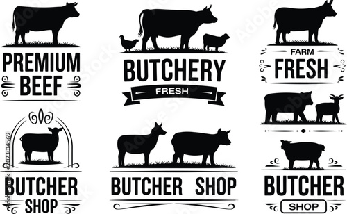 Tableau sur toile Butcher shop logos and animal silhouettes with silhouette illustration collectio