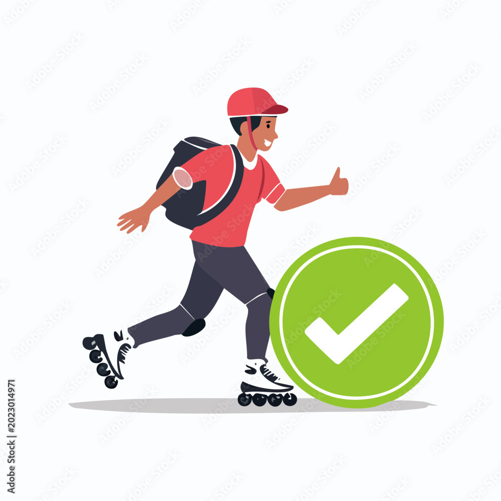 Fototapeta premium Delivery Person on Roller Skates with Thumbs Up and Check Mark