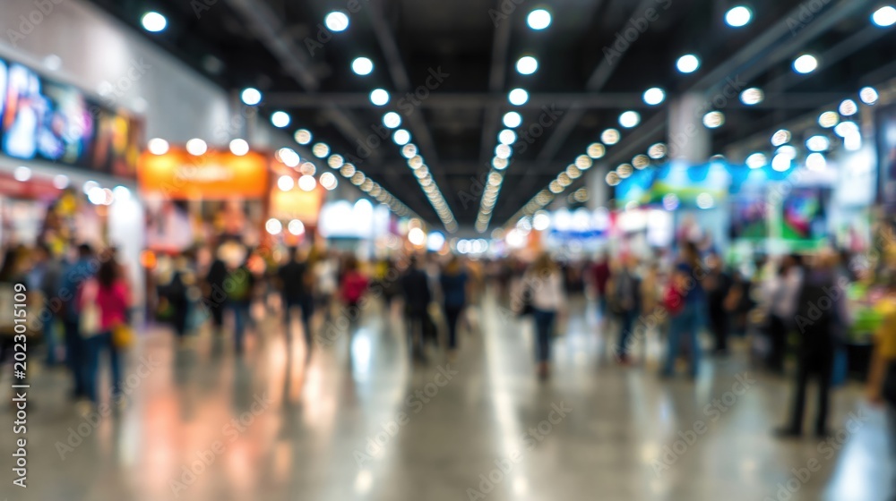 Fototapeta premium Busy exhibition hall with blurred crowd and bright lights, promoting commerce and networking