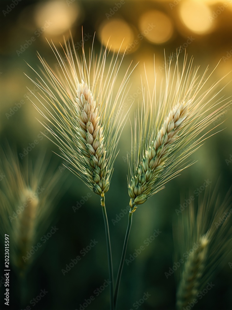 Fototapeta premium Close-up Macro View of Golden Wheat Stalks in a Sunlit Field at Dusk, Evoking Growth and Harvest