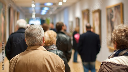 Diverse group of people viewing paintings in a bright, modern art gallery hallway