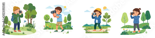 Obraz na plátně Flat vector artwork of a child photographer holding a camera while taking pictures outdoors, modern clean design, white background