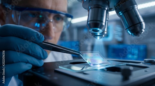 Scientist examining a microchip or semiconductor wafer under a microscope in a hightech laboratory