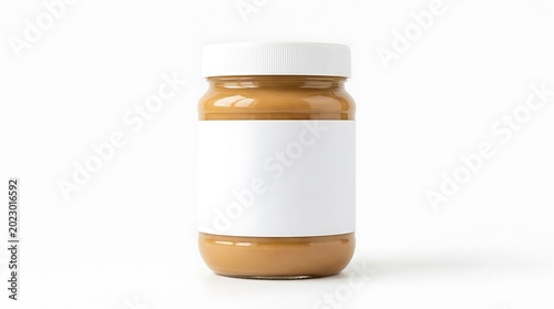 Blank white label peanut butter glass jar mockup isolated on white background.