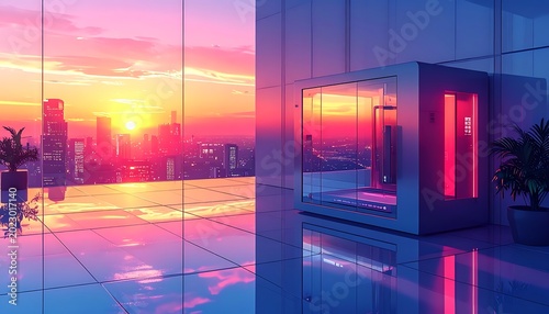 Neon lit cityscape at sunset urban.
