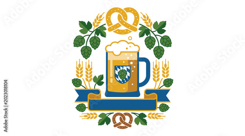 Valokuva Oktoberfest Beer Emblem with Pretzels and Hops Traditional German Festival Logo