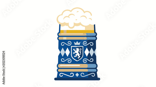 Festive beer stein with crest and foam traditional German Oktoberfest celebration symbol cultural heritage decorative element