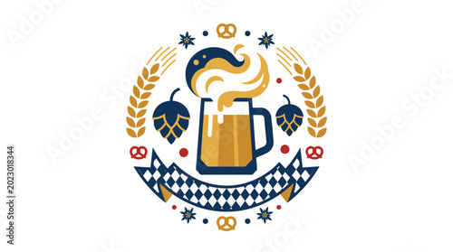 Tableau sur toile Oktoberfest Beer Emblem with Steaming Mug Hops Pretzels and Laurels on Festive P