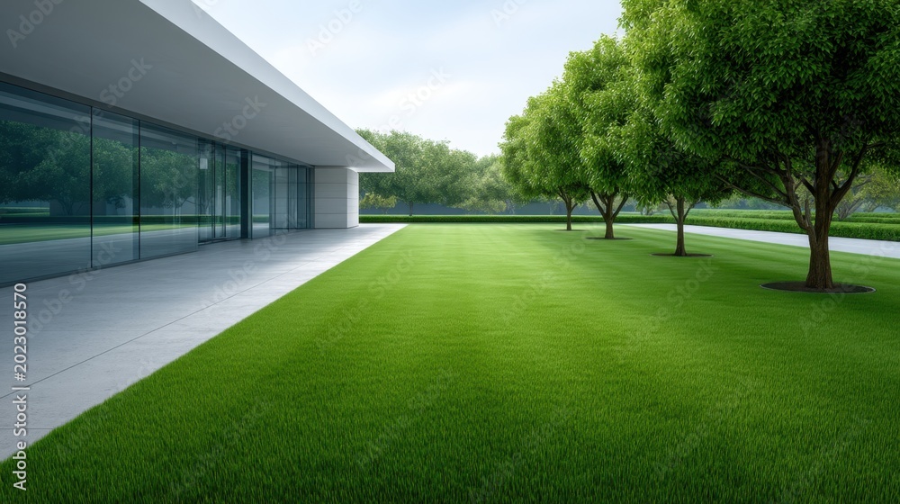 Fototapeta premium Modern architectural design featuring sleek lines, large glass windows, manicured lawns, green trees, and peaceful outdoor space in a serene environment