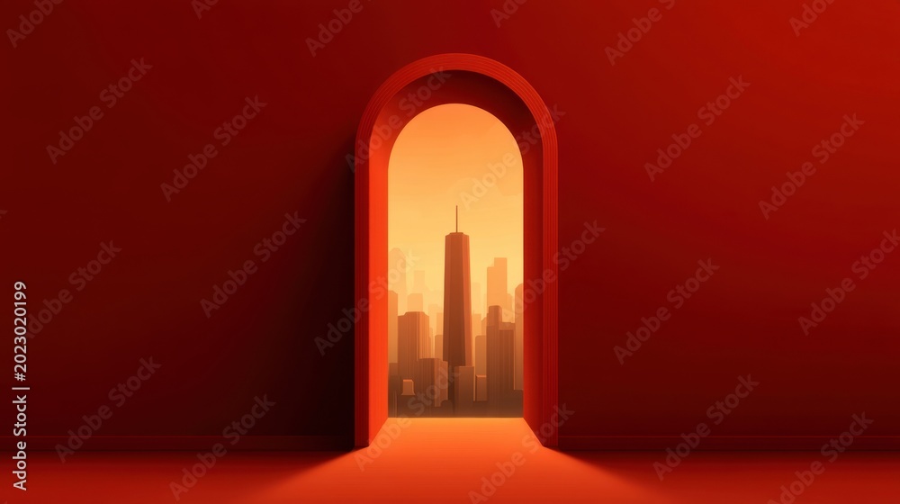 Fototapeta premium Minimalist Artwork Featuring Archway Leading to Cityscape at Sunset with Vibrant Red Background and Soft Glow with Urban Vibes