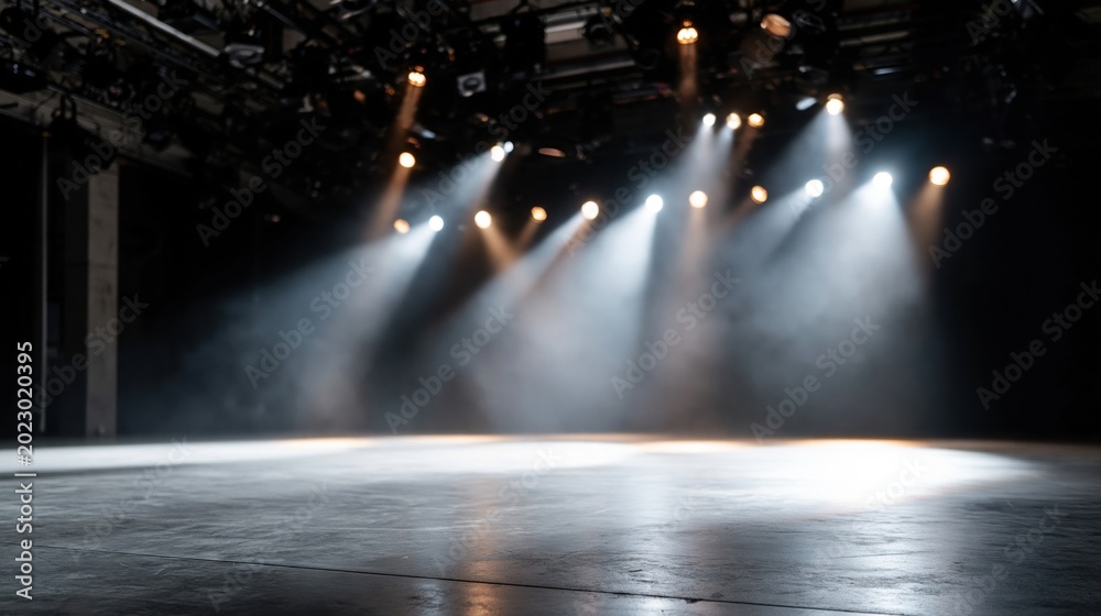 Fototapeta premium Dramatic stage lighting illuminates an empty studio space with theatrical spotlights and atmospheric smoke