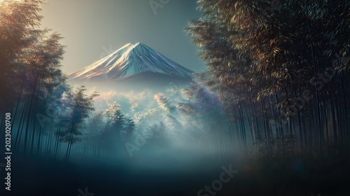 Mount Fuji Above Misty Bamboo Grove