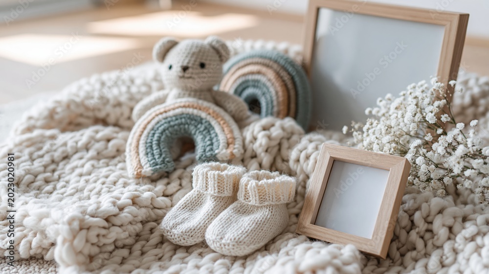 Fototapeta premium Soft Knitted Baby Essentials Including Teddy Bear, Rainbows, Booties, and Photo Frames on Cozy Blanket